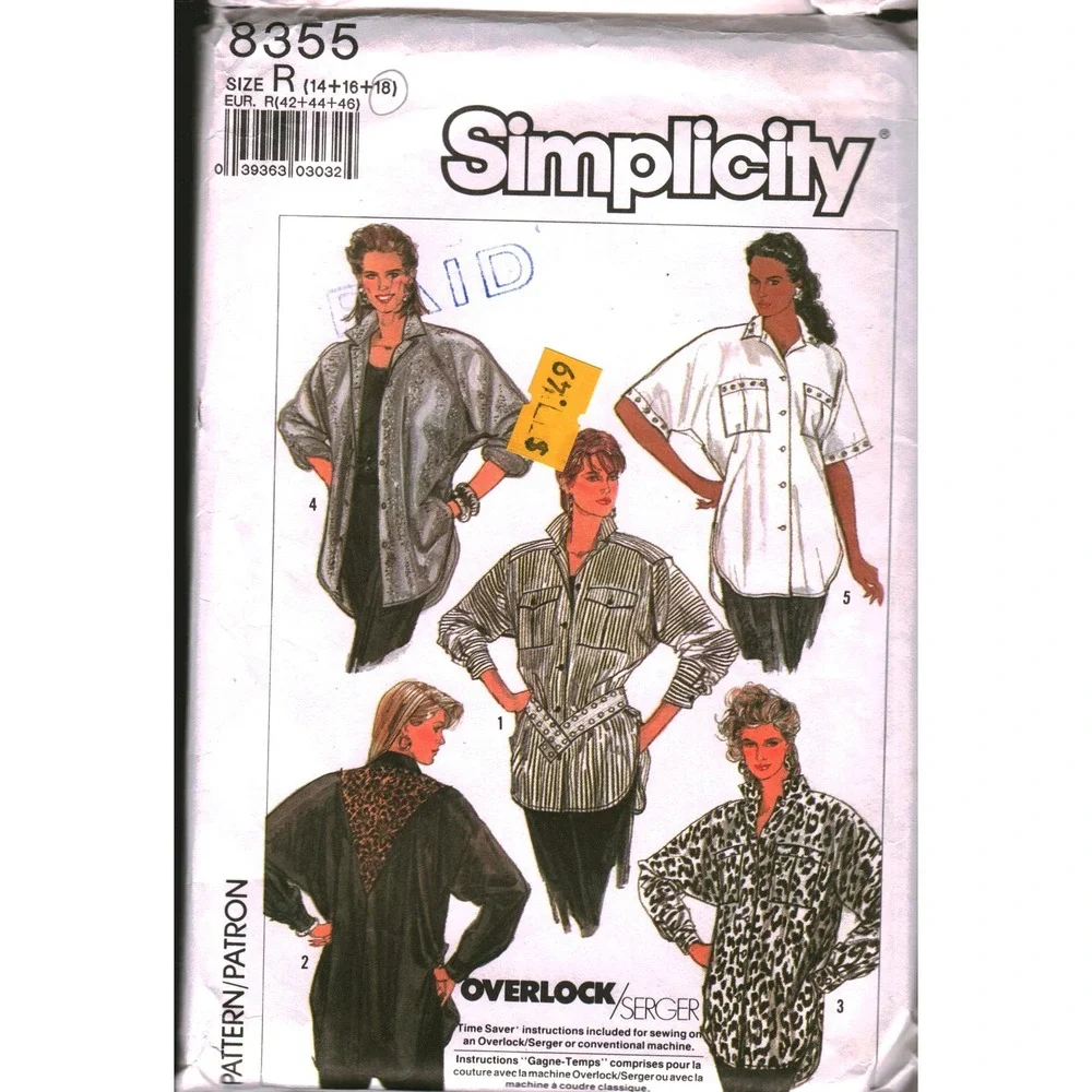 Simplicity 8355 Sewing Pattern Misses Oversized Shirt Tunic Sz 14 16 18 Vintage